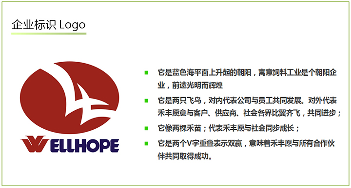 *它是藍色海平面上升起的朝陽，寓意飼料工業是個朝陽企業，前途光明而輝煌；  *它是兩只飛鳥，對內代表公司與員工共同發展。對外代表禾豐愿意與客戶、供應商、社會各界比翼齊飛，共同進步；  *它像兩棵禾苗；代表禾豐愿與社會同步成長；  *它是兩個V字重疊表示雙贏，意味著禾豐愿與所有合作伙伴共同取得成功